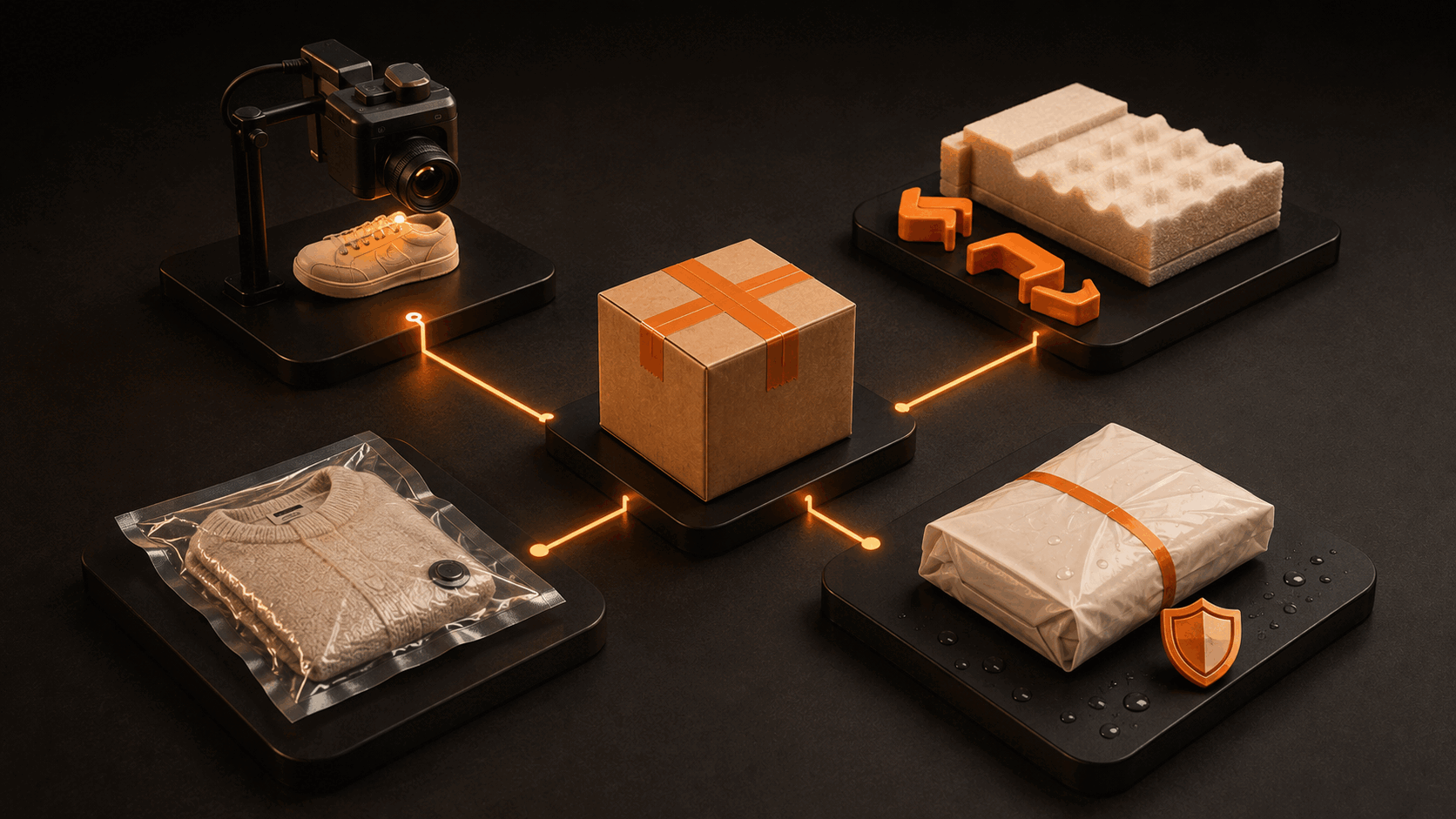 Kraft parcel connected to photography, foam protection, vacuum packing and waterproof wrapping service stations