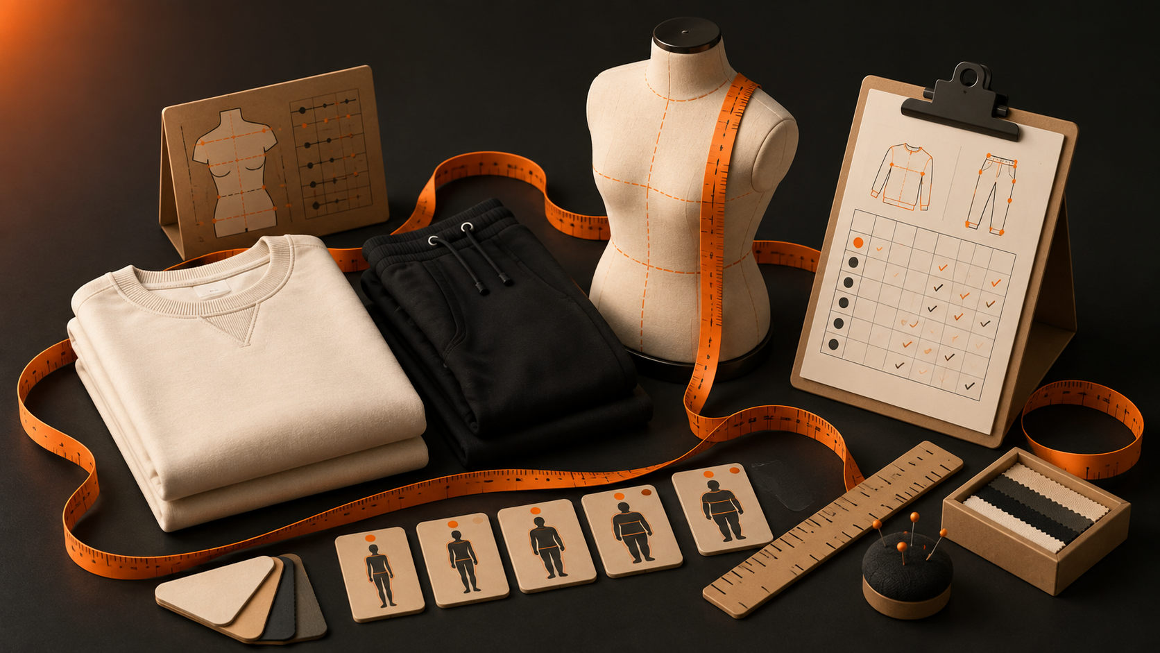 Garment fitting workstation with mannequin, clothing, measuring tape and comparison chart