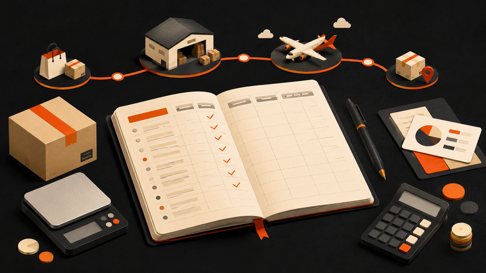 Open cost ledger with parcels, a warehouse, a scale and an international delivery route