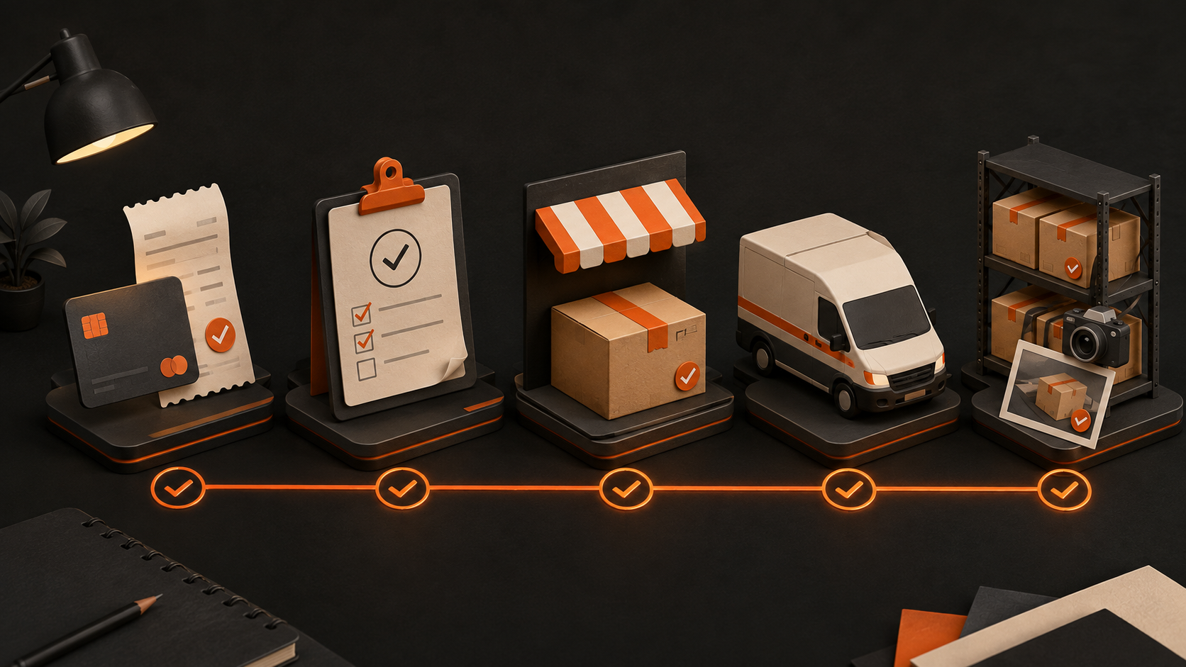 Five connected order checkpoints from payment and purchasing to warehouse intake