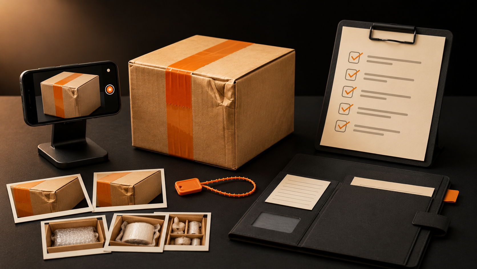 Delivered parcel documented with a recording phone, damage photographs, checklist and evidence folder