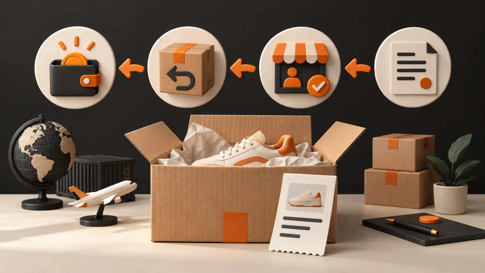 Refund workflow showing an order record, seller confirmation, returned parcel and account wallet
