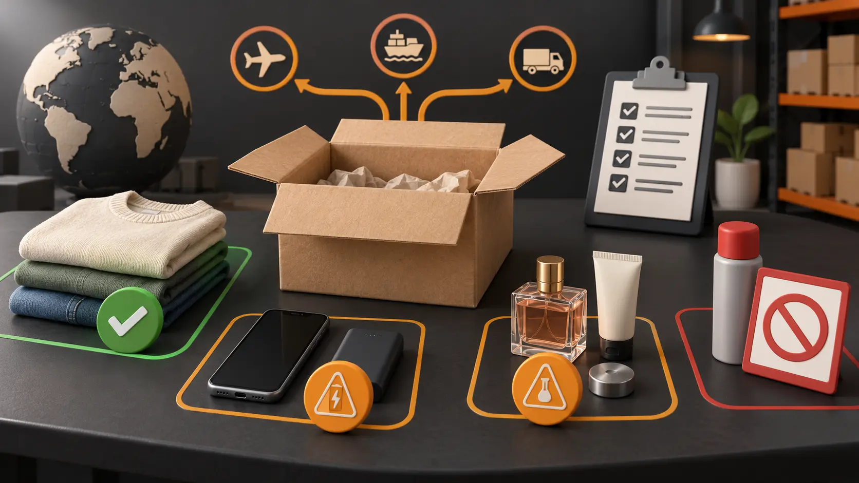 Warehouse desk sorting ordinary clothing, battery electronics, cosmetics and prohibited goods before parcel packing