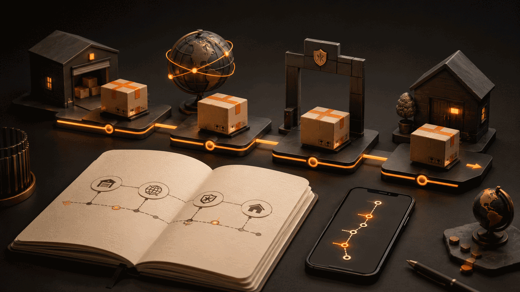 International parcel moving through warehouse, carrier, customs and home-delivery tracking checkpoints beside a logbook