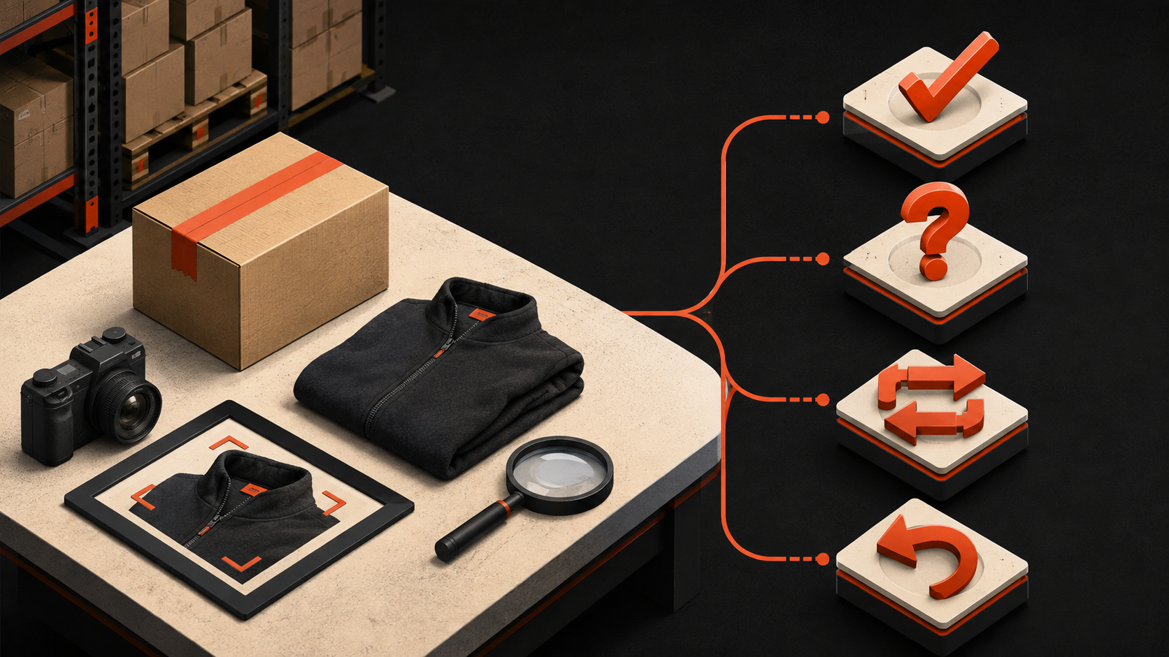 Warehouse order inspection with a parcel, QC evidence and four after-sales choices