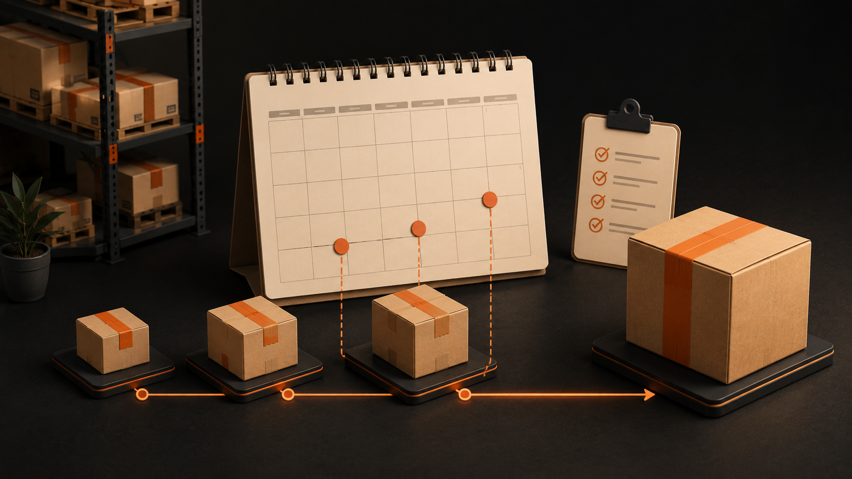 Warehouse storage calendar connecting three arriving parcels to one planned consolidation box